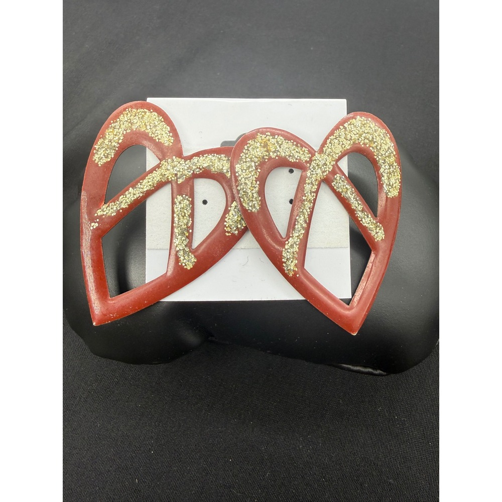 80s Vintage Red Gold Glitter Heart Statement Stud Earrings Large Open Geometric
